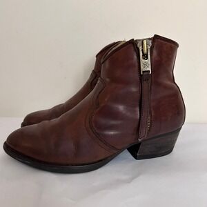 BUSSOLA Brown Leather Ankle Boots Western Style Side Zip Block Heel 38‎